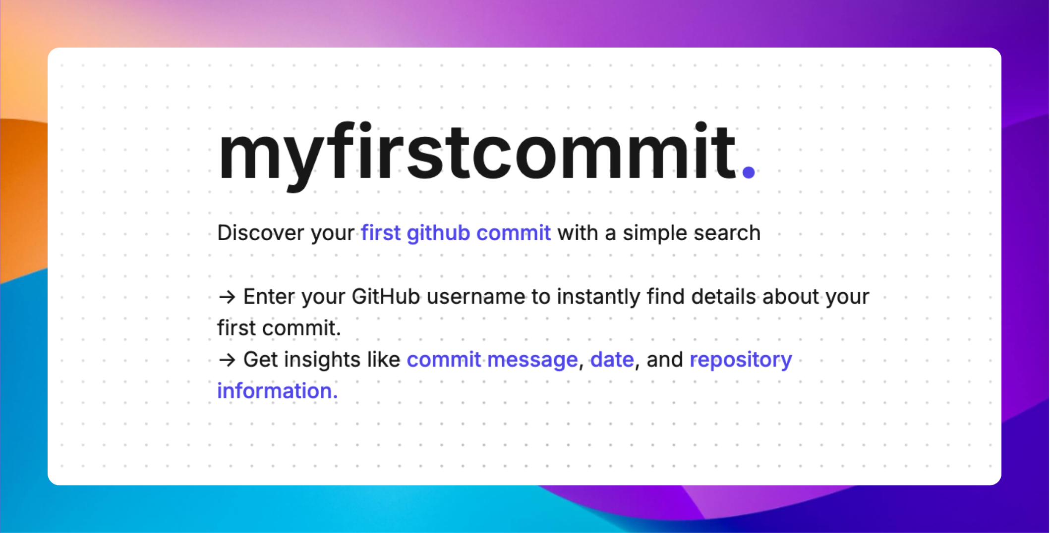 "Uncover your coding journey's humble beginnings with myfirstcommit."